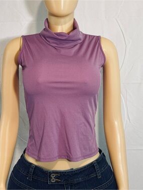 Vintage 90s A'gaci Too Purple Sleeveless Cowl Neck Top | Y2K Fitted Turtleneck